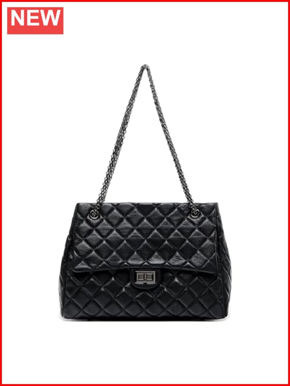 Quilted Genuine Leather Shoulder Bag Chain Strap Large Tote Work